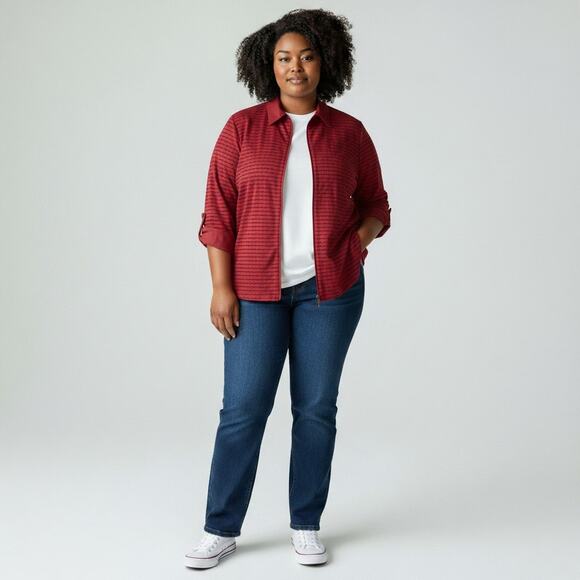 Notations Jackets & Blazers - Notations Red Sheer Textured Zip Jacket Top 1X Officecore